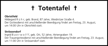 Anzeige von Totentafel vom 22.08.2013 von MGO