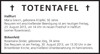 Anzeige von Totentafel vom 23.08.2013 von MGO