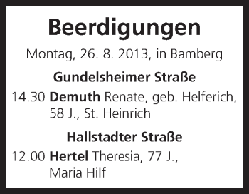 Anzeige von Beerdigungen vom 26.08.2013 von MGO