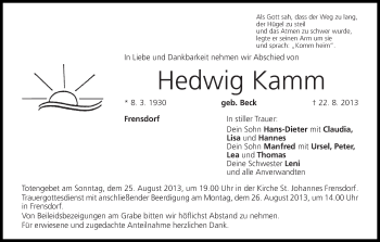 Anzeige von Hedwig Kamm von MGO