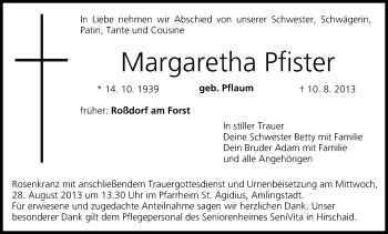 Anzeige von Margaretha Pfister von MGO