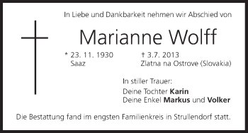 Anzeige von Marianne Wolff von MGO