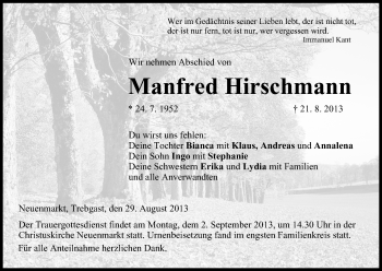 Anzeige von Manfred Hirschmann von MGO
