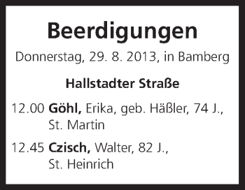 Anzeige von Beerdigungen vom 29.08.2013 von MGO