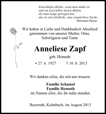 Anzeige von Anneliese Zapf von MGO