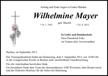 Anzeige von Wilhelmine Mayer von MGO