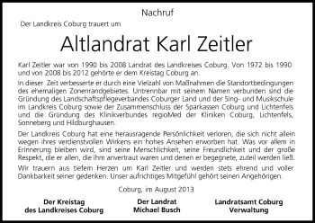 Anzeige von Karl Zeitler von MGO