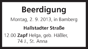 Anzeige von Beerdigung vom 02.09.2013 von MGO