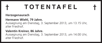 Anzeige von Totentafel vom 31.08.2013 von MGO