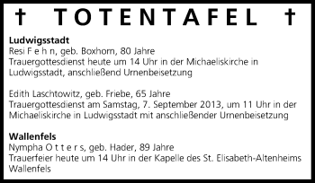 Anzeige von Totentafel vom 03.09.2013 von MGO