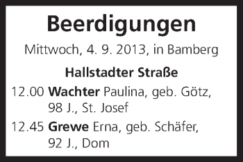 Anzeige von Beerdigungen vom 04.09.2013 von MGO