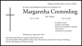 Anzeige von Margaretha Cremmling von MGO
