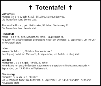 Anzeige von Totentafel vom 03.09.2013 von MGO