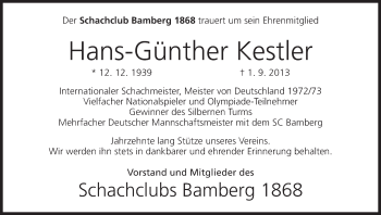 Anzeige von Hans-Günter Kestler von MGO