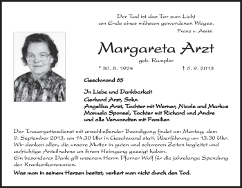 Anzeige von Margareta Arzt von MGO