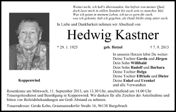 Anzeige von Hedwig Kastner von MGO