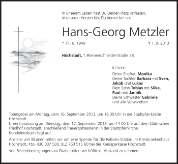Anzeige von Hans-Georg Metzler von MGO