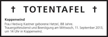 Anzeige von Totentafel vom 10.09.2013 von MGO
