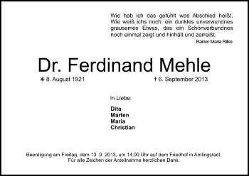 Anzeige von Ferdinand Mehle von MGO