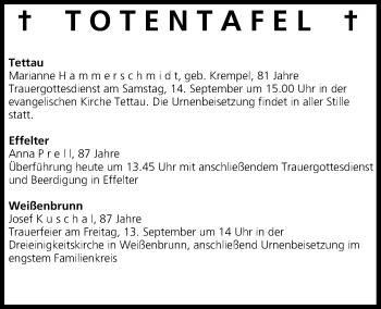 Anzeige von Totentafel vom 12.09.2013 von MGO