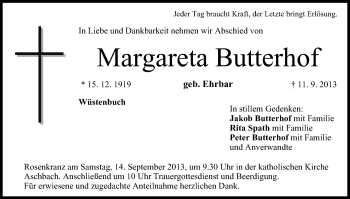 Anzeige von Margareta Butterhof von MGO