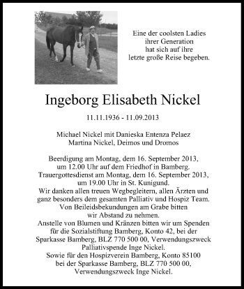 Anzeige von Ingeborg Elisabeth Nickel von MGO