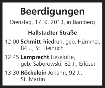 Anzeige von Beerdigungen vom 17.09.2013 von MGO