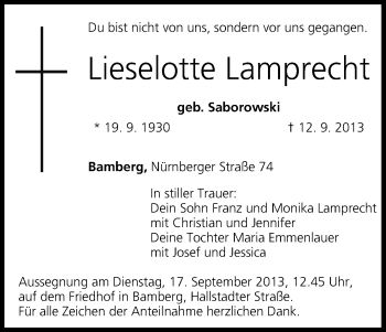 Anzeige von Lieselotte Lamprecht von MGO