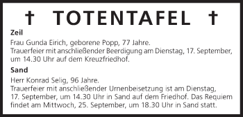 Anzeige von Totentafel vom 16.09.2013 von MGO