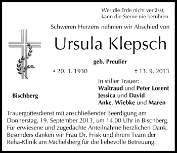 Anzeige von Ursula Klepsch von MGO
