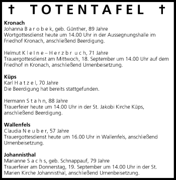 Anzeige von Totentafel vom 17.09.2013 von MGO