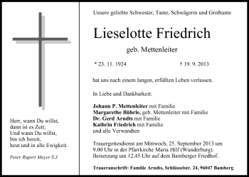 Anzeige von Lieselotte Friedrich von MGO