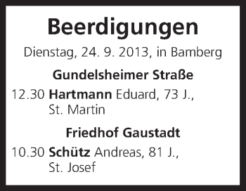 Anzeige von Beerdigungen vom 24.09.2013 von MGO