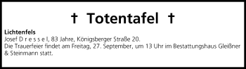 Anzeige von Totentafel vom 25.09.2013 von MGO