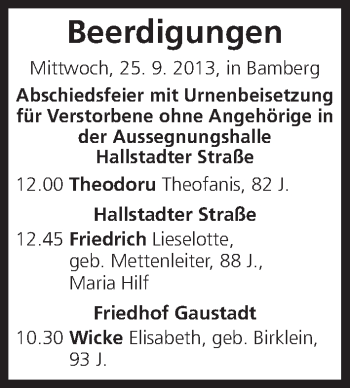 Anzeige von Beerdigungen vom 25.09.2013 von MGO