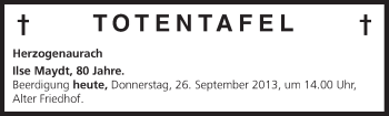 Anzeige von Totentafel vom 26.09.2013 von MGO