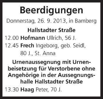 Anzeige von Beerdigungen vom 26.09.2013 von MGO