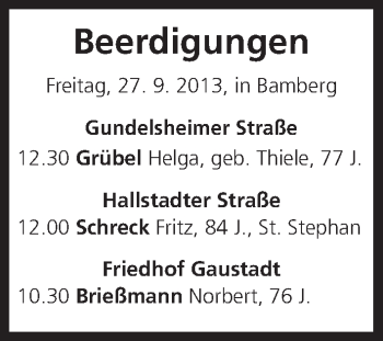Anzeige von Beerdigungen vom 27.09.2013 von MGO