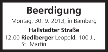 Anzeige von Beerdigung vom 30.09.2013 von MGO