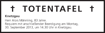 Anzeige von Totentafel vom 30.09.2013 von MGO