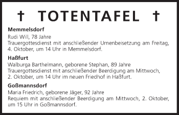 Anzeige von Totentafel vom 02.10.2013 von MGO