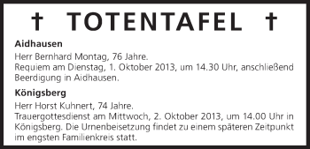 Anzeige von Totentafel vom 01.10.2013 von MGO