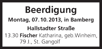 Anzeige von Beerdigung vom 07.10.2013 von MGO