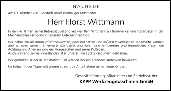 Anzeige von Horst Wittmann von MGO