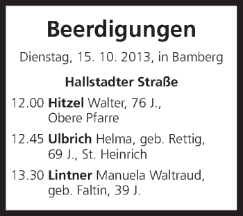 Anzeige von Beerdigungen vom 15.10.2013 von MGO