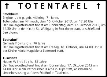Anzeige von Totentafel vom 16.10.2013 von MGO