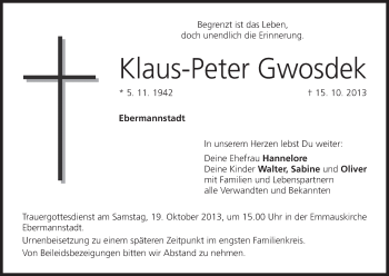 Anzeige von Klaus-Peter Gwosdek von MGO