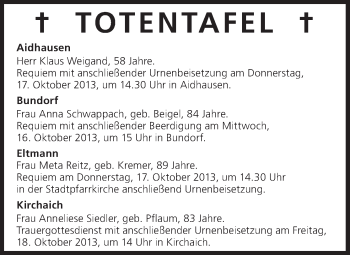 Anzeige von Totentafel vom 16.10.2013 von MGO