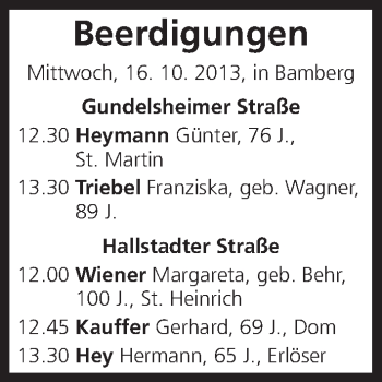 Anzeige von Beerdigungen vom 16.10.2013 von MGO
