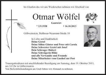 Anzeige von Otmar Wölfel von MGO